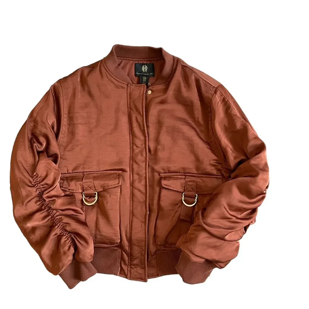 HOUSE OF HARLOW 1960 Women's Satin Zip Up Bomber Jacket Size M Copper Brown NEW - Picture 2 of 16